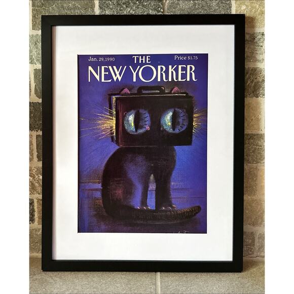 Framed 1990 New Yorker Magazine Jan 29 Andre Francois Art Cat Briefcase Head - Picture 1 of 3
